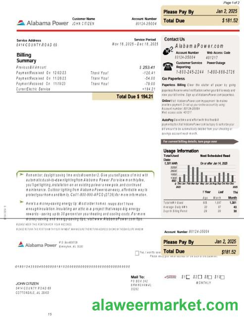 USA Alabama power utility bill